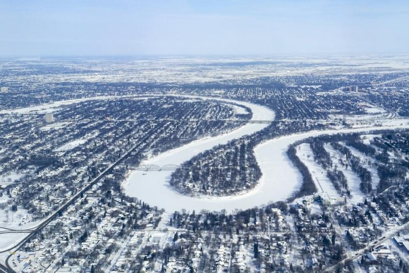 A frozen river winds through Winnipeg.